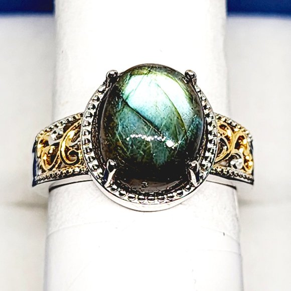 Labradorite solitaire ring in 18K YG & Platinum plated Brass sz 8 5.85 cts - Picture 4 of 6